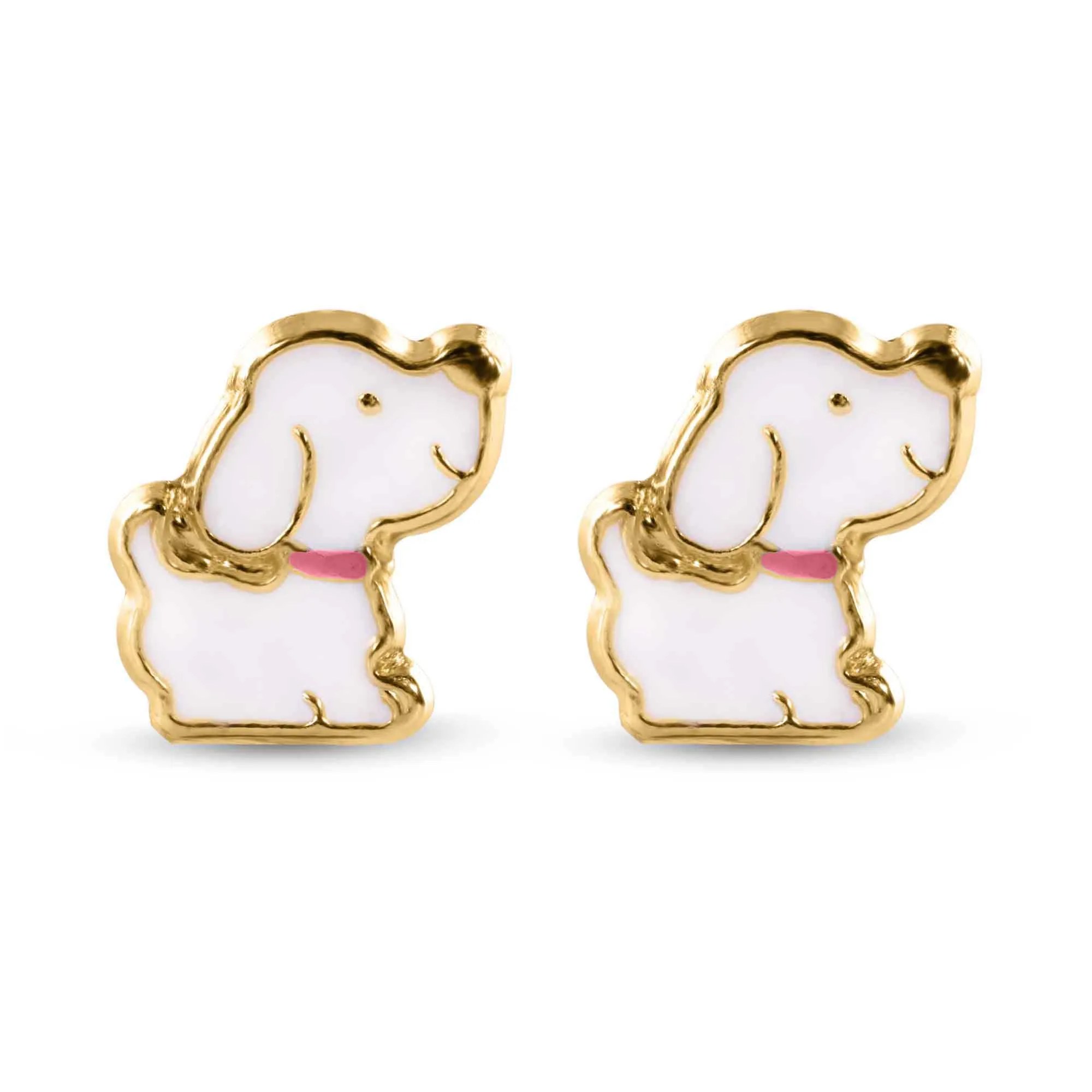 14E00433. - 14 Karat Dog White Enamel Pink Leash Screw Back Earrings