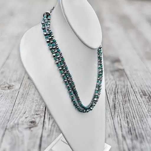 20 inch, 3 Strand, Genuine Navajo Pearl Necklace with Green Turquoise, Sterling Silver, Authentic Navajo Native American USA Handmade in New Mexico