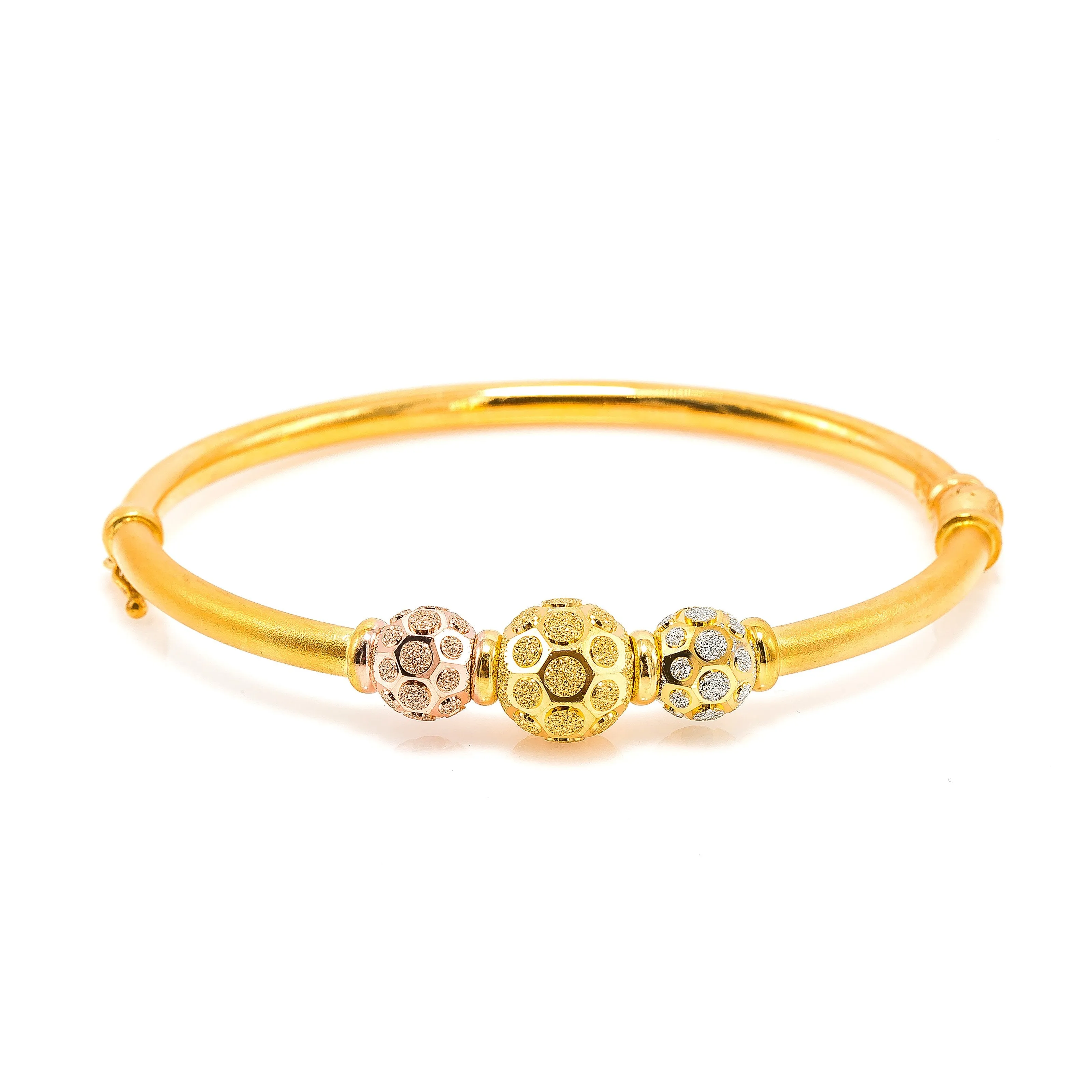 22K Multi Tone Gold Bangle W/ Rose, Yellow & White Gold Circular Glass Blast Details on 3 Accent Balls, 16.5 grams