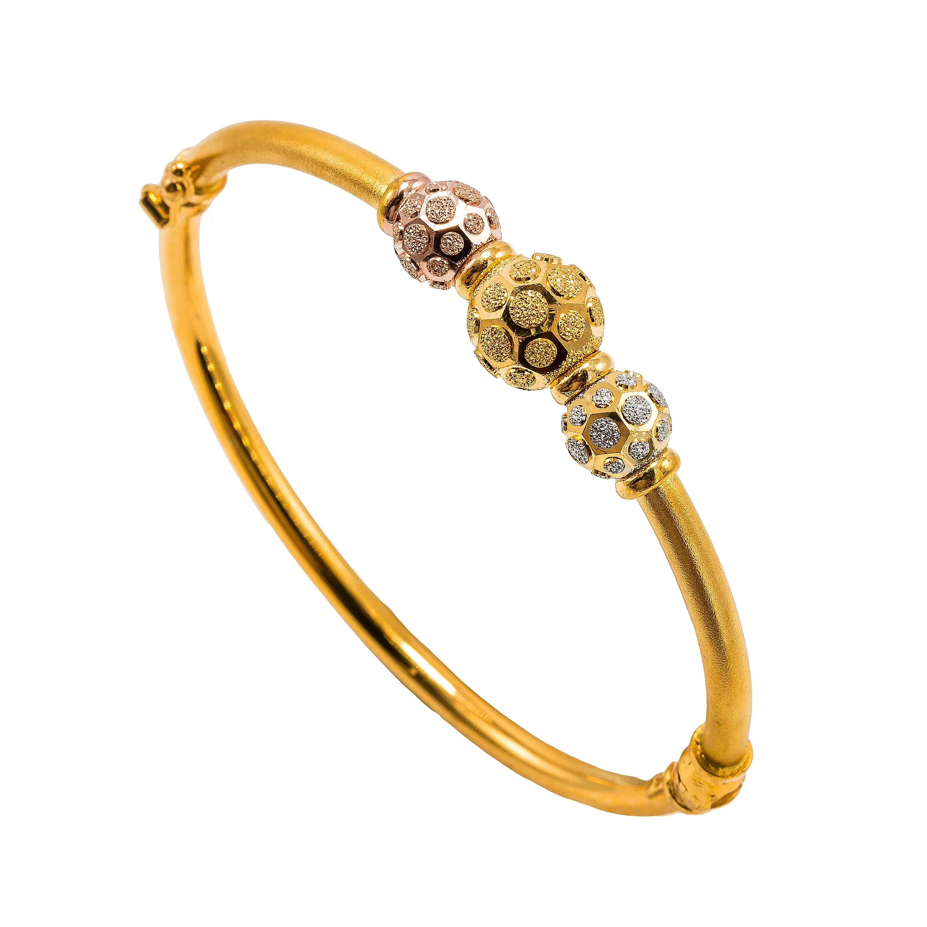 22K Multi Tone Gold Bangle W/ Rose, Yellow & White Gold Circular Glass Blast Details on 3 Accent Balls, 16.5 grams