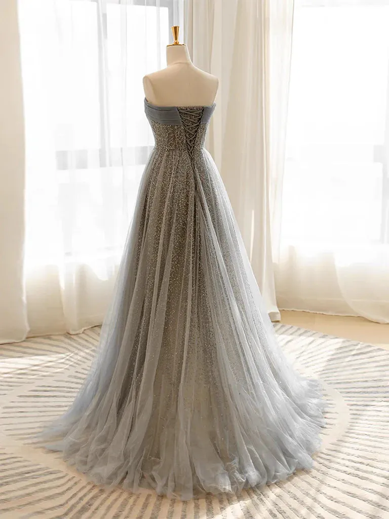 A-Line Gray Tulle Sequin Long Prom Dress Formal Dress With Sweep Train