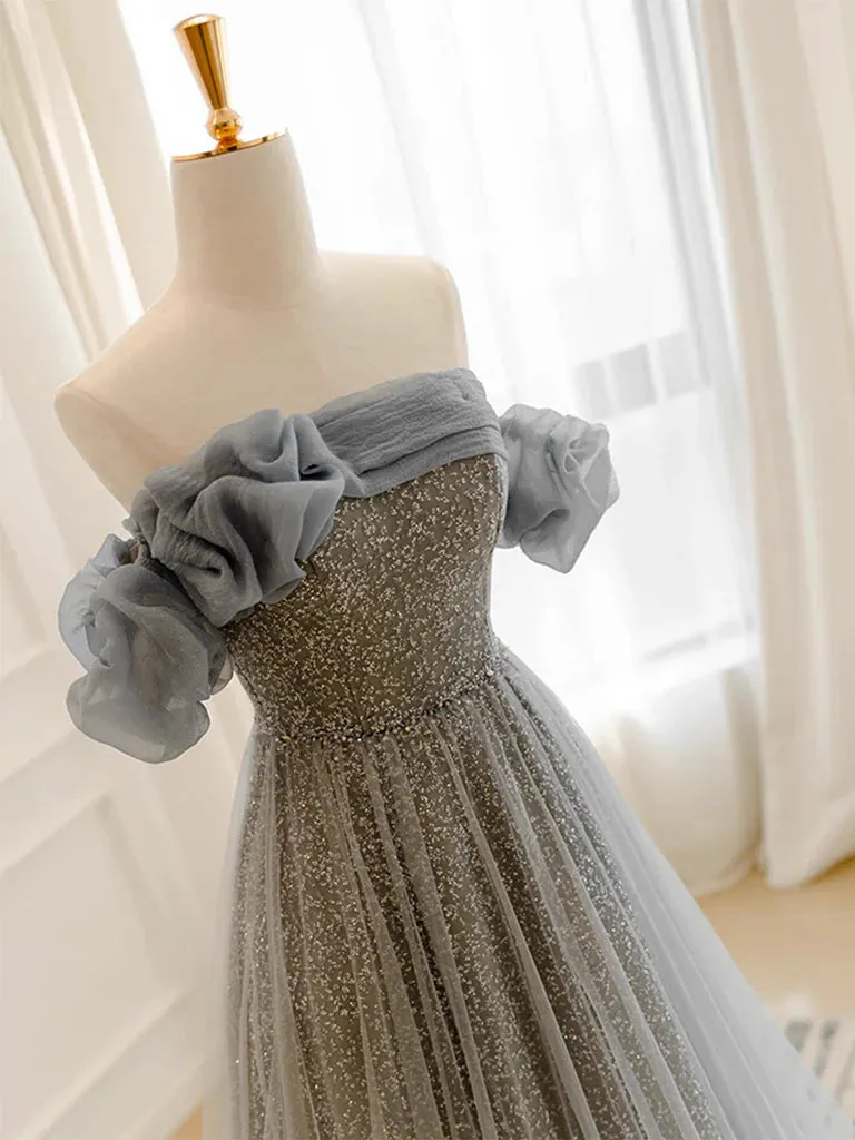 A-Line Gray Tulle Sequin Long Prom Dress Formal Dress With Sweep Train