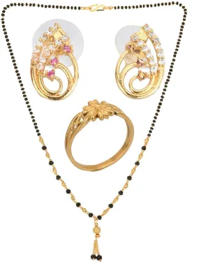 AanyaCentric Gold-plated Jewelry Combo: Elegant Short Mangalsutra, Finger Ring, and American Diamond Earrings Set