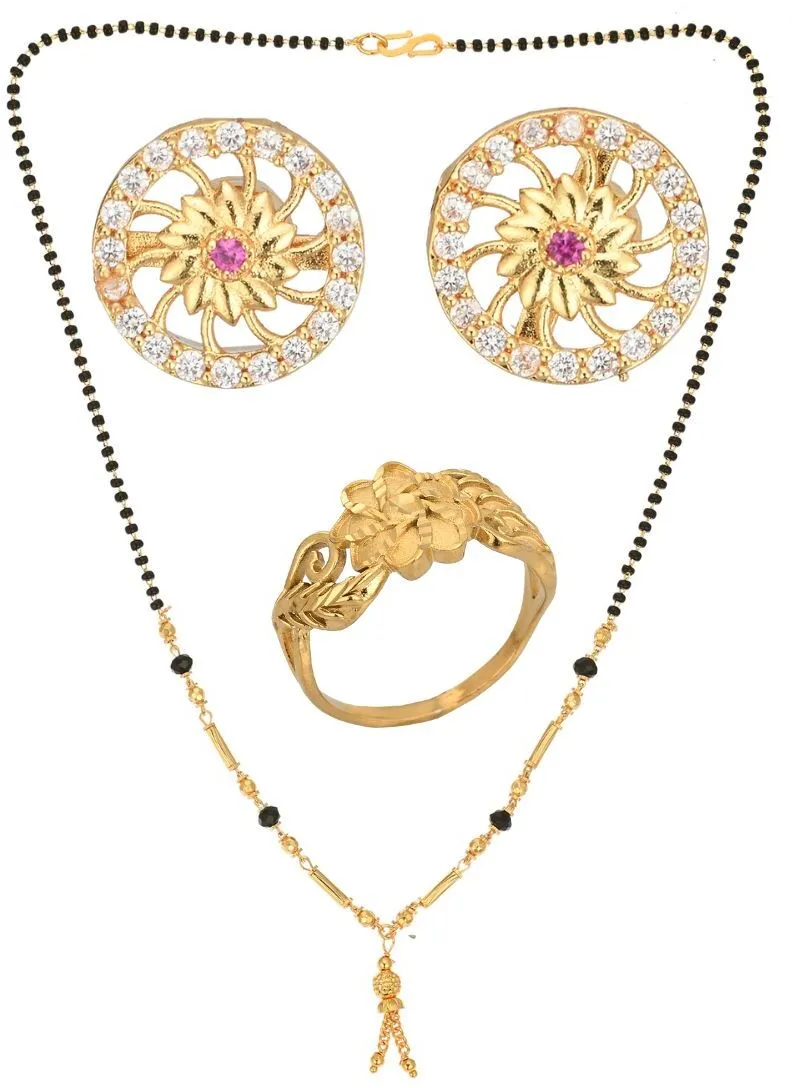 AanyaCentric Gold-plated Jewelry Combo: Elegant Short Mangalsutra, Finger Ring, and American Diamond Earrings Set