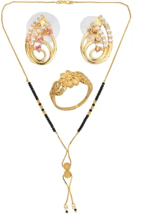 AanyaCentric Gold-plated Jewelry Combo: Elegant Short Mangalsutra, Finger Ring, and American Diamond Earrings Set