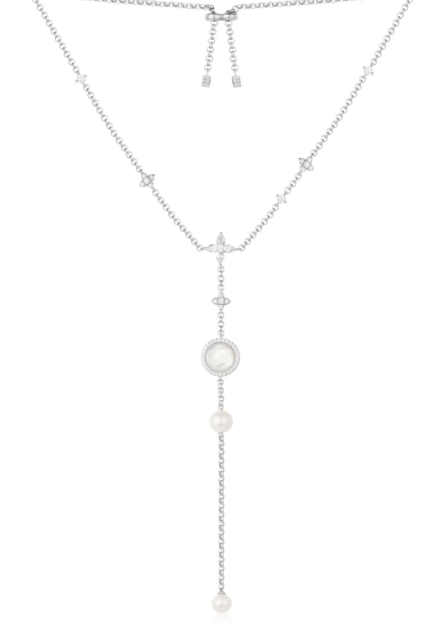 Adjustable Necklace with White Nacre and Pearl Pendant - White Silver