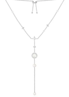 Adjustable Necklace with White Nacre and Pearl Pendant - White Silver