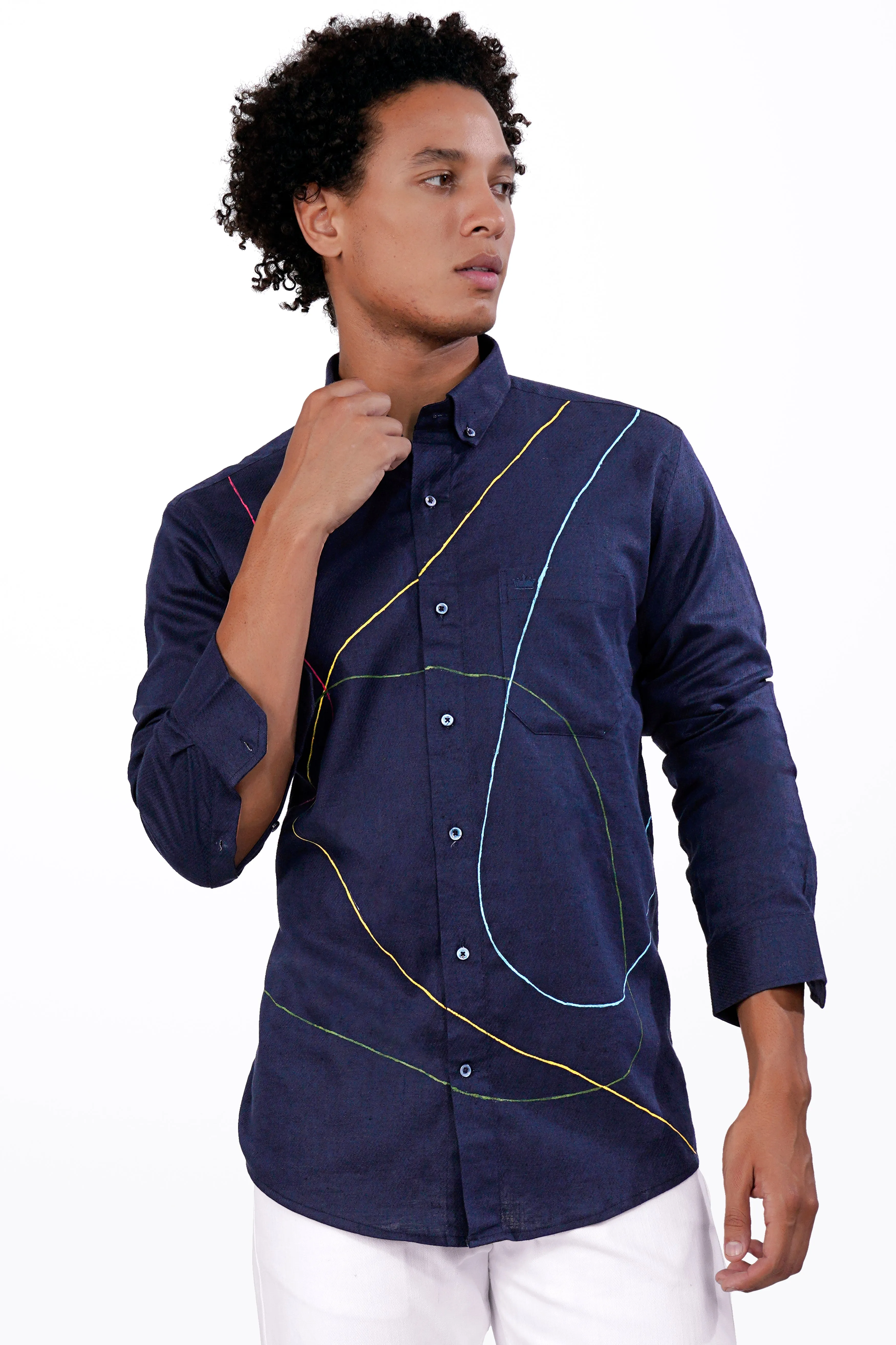 Admiral Blue Hand Painted Luxurious Linen Designer Shirt