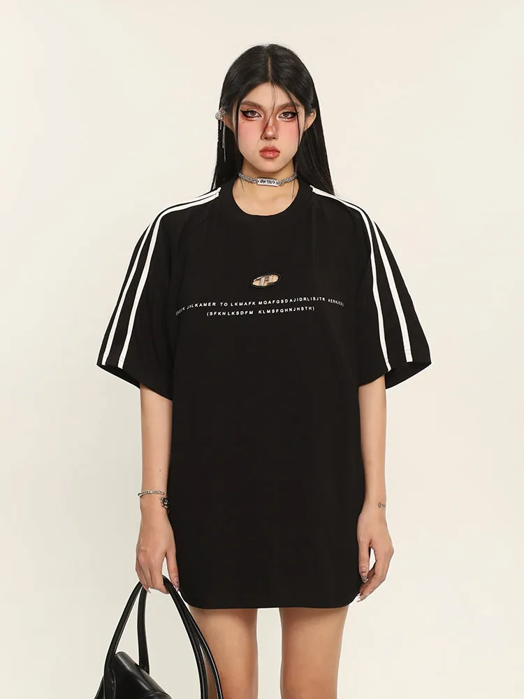 Alexandra Solid Color Graphic Letter Print Metal Design Short Stripe Sleeve Baggy Tee Top