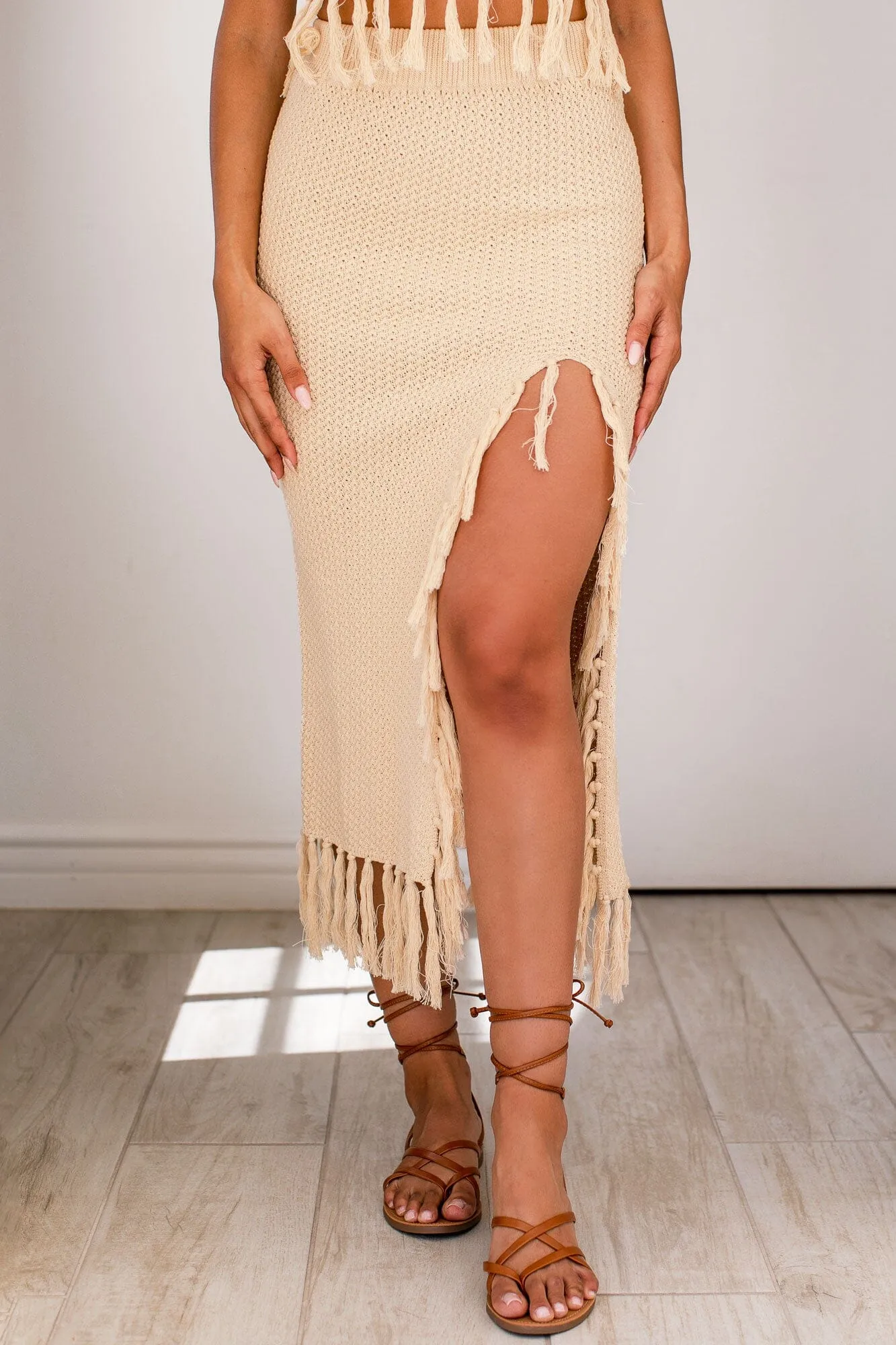 Amber Natural Tassel Detail Midi Skirt