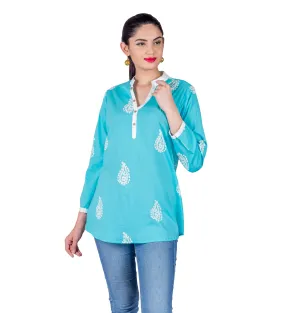 Aqua Blue White Coconut Buttoned Up Printed Ethnic Short Kurti