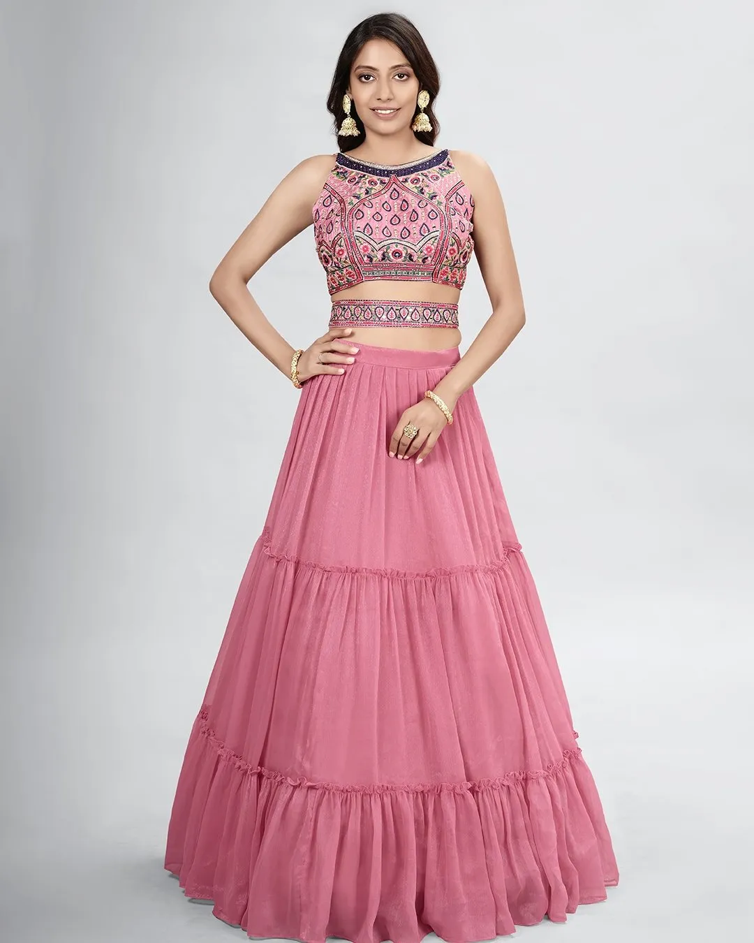 Beautiful Pink colored printed Lehenga Set - Rent