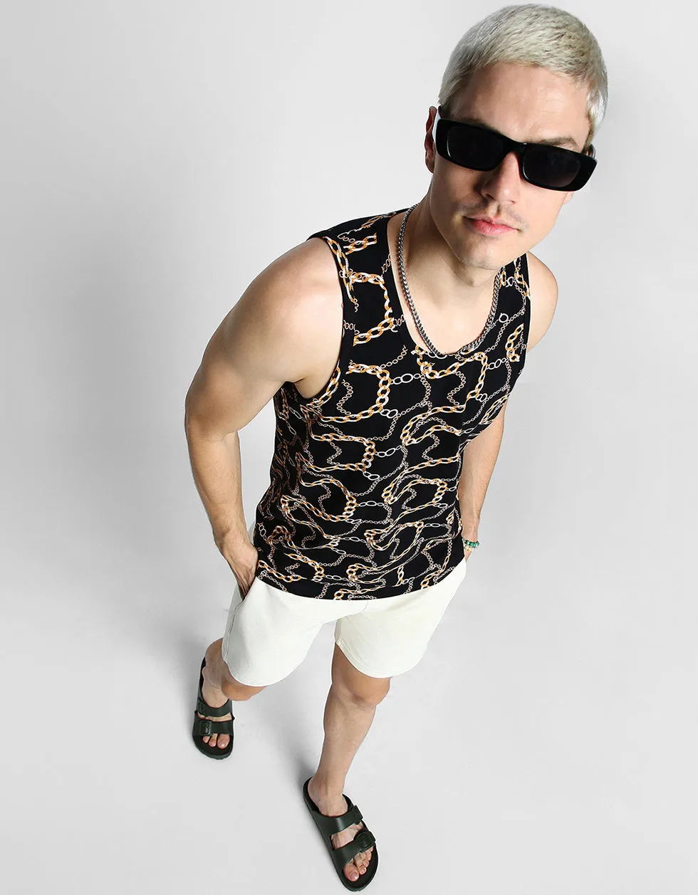 Black Chain Printed Gym Vest