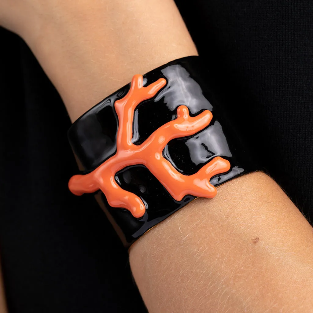 Black Enamel and Coral Branch Cuff Bracelet