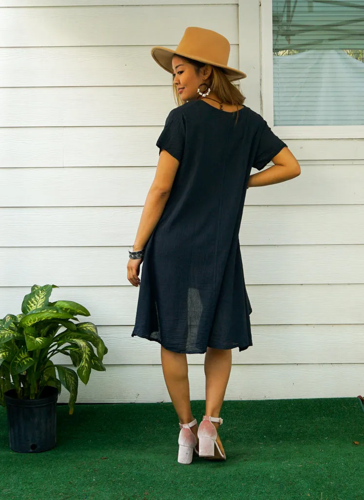 Black Raw Natural Cotton Gauze Asymmetrical Maxi Dress