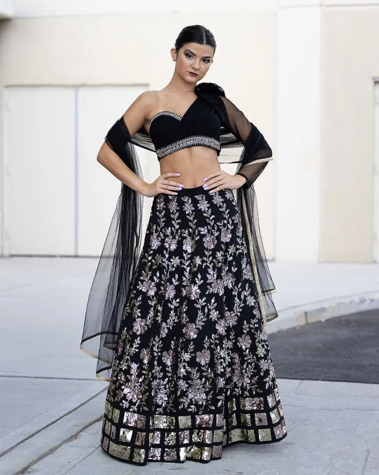 Black Sequin Partywear Lehenga - Rent