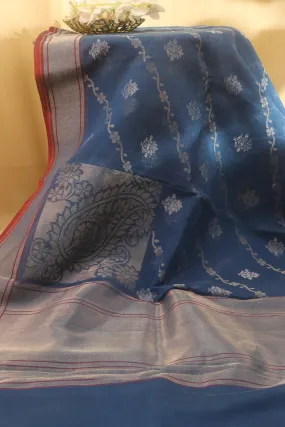 Elegant Blue Banarasi Handloom Pure Cotton Saree with Intricate Detailing