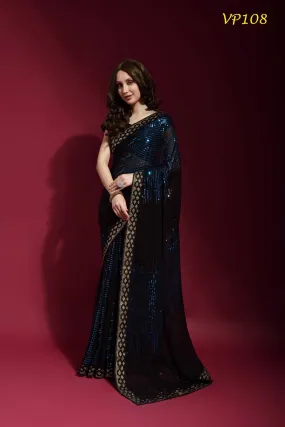 BLUE SEQUENCE WORK ON BLACK SAREE - RENT