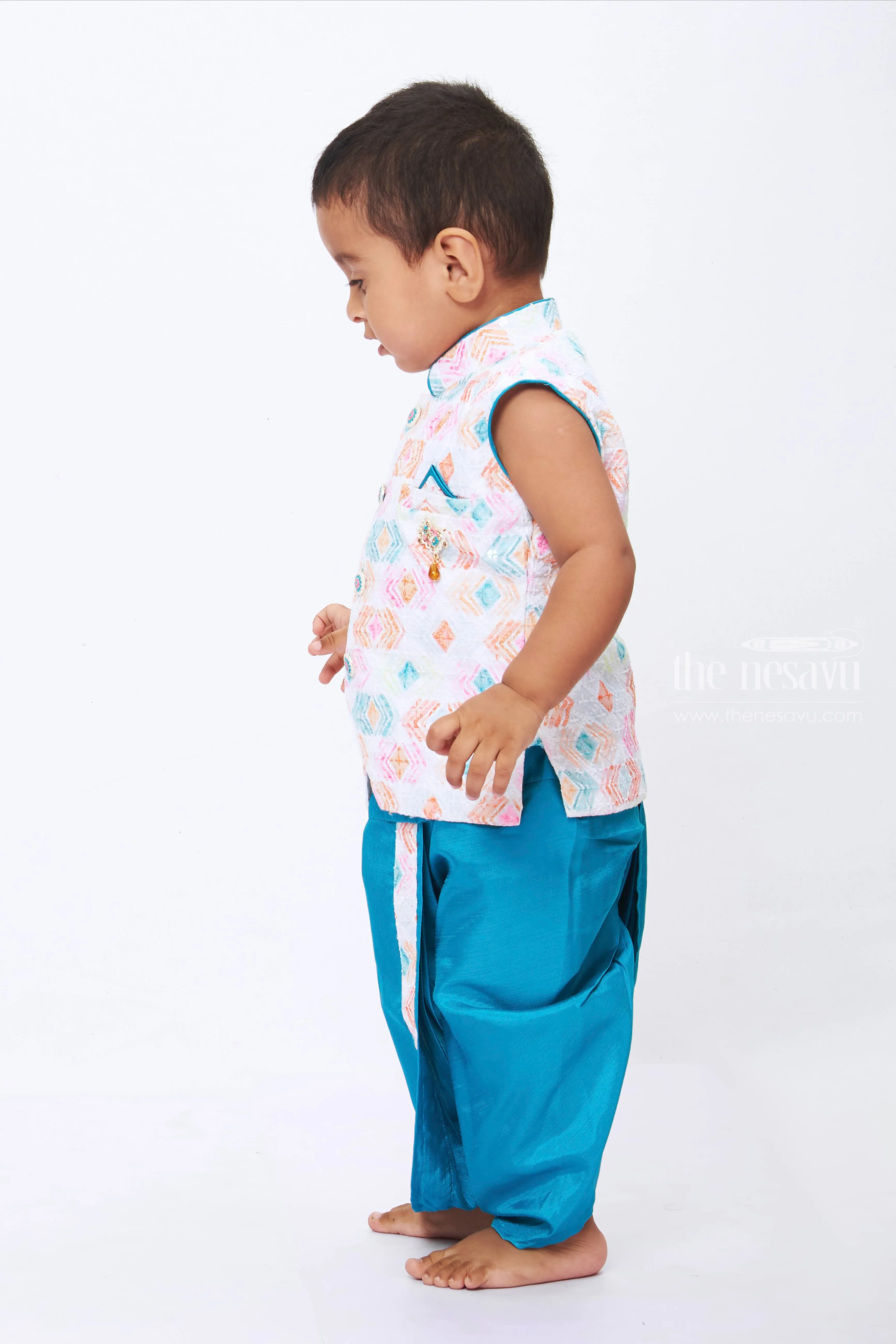 Boys Luxe White Kurta with Teal Dhoti Set - Classic Indian Couture