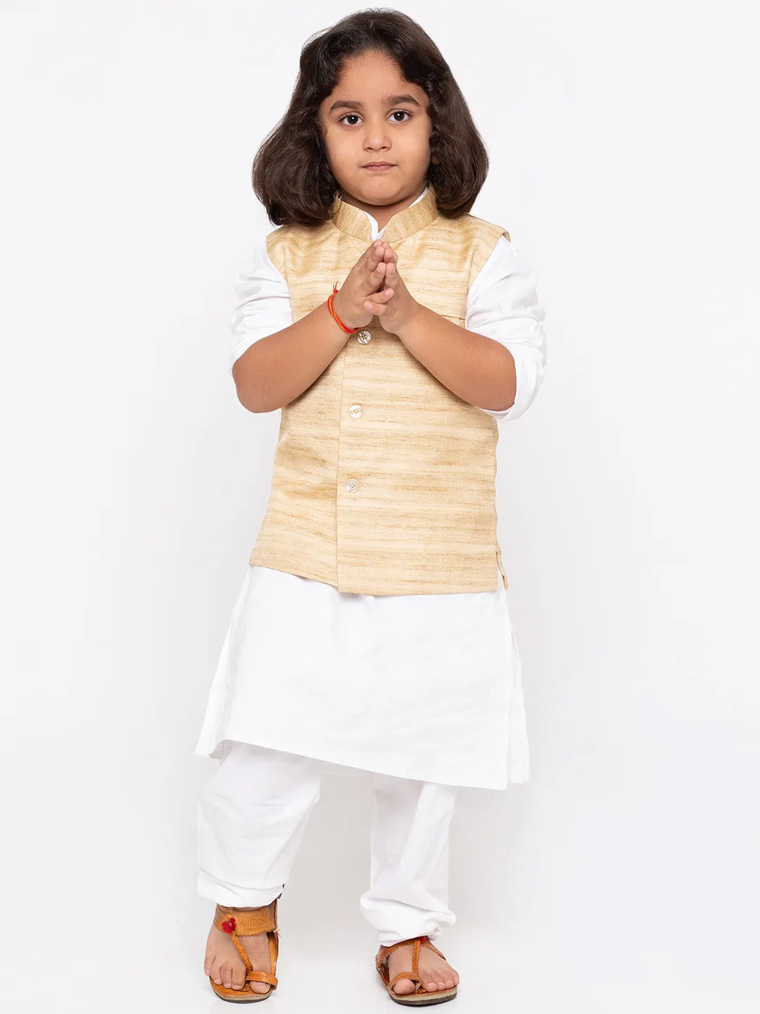 Boys' White Cotton Silk Kurta, Jacket and Pyjama Set