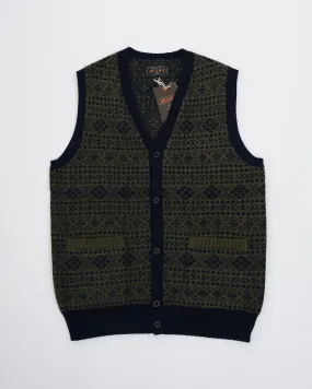 Button Knit Vest Indigo Fair Isle Green