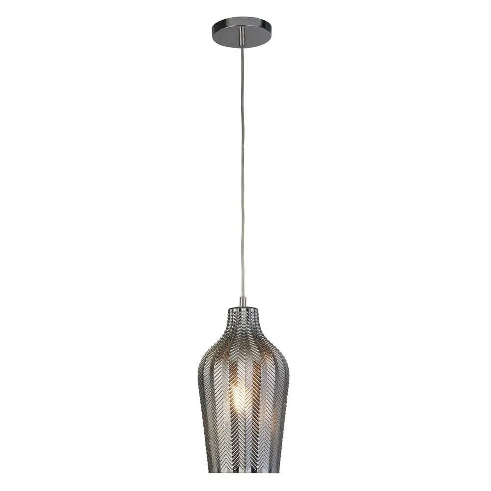 Chevron 1 Light Chrome Ceiling Pendant - Smoked Ribbed Glass