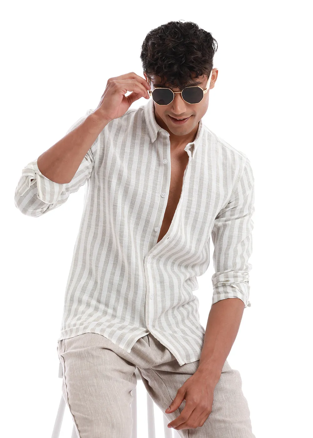 Classic Beige Stripe Blended Linen shirt