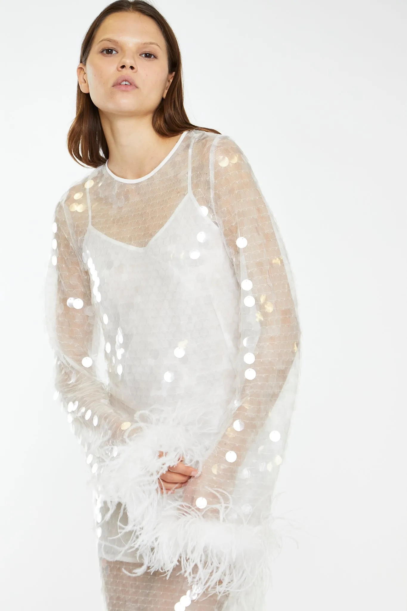 Clear-White Large-Sequin Feather Cuff Mini-Dress