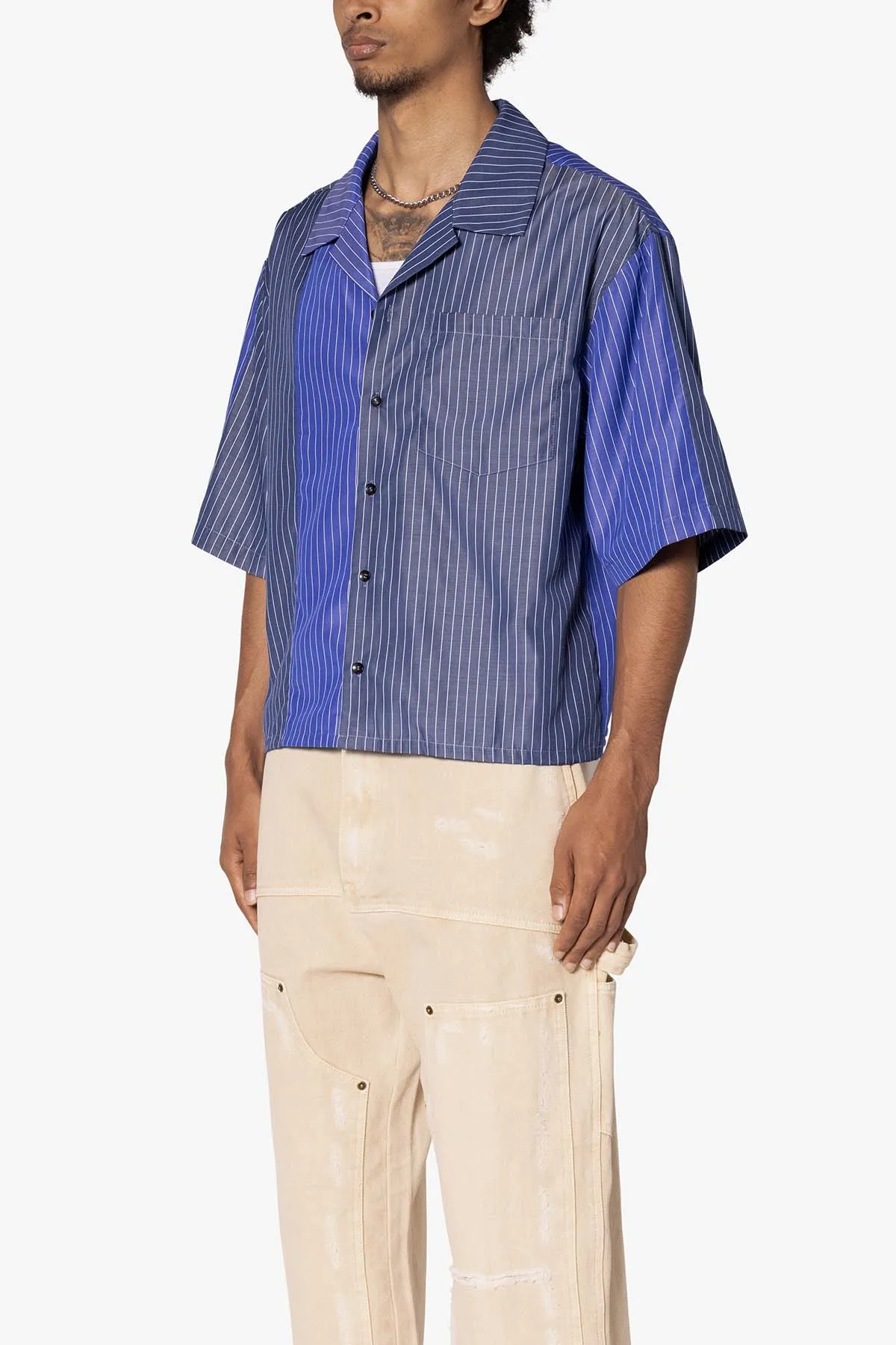 Cropped Panel Stripe Short Sleeve Shirt - Blue