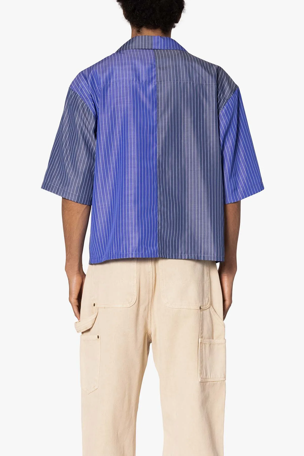 Cropped Panel Stripe Short Sleeve Shirt - Blue