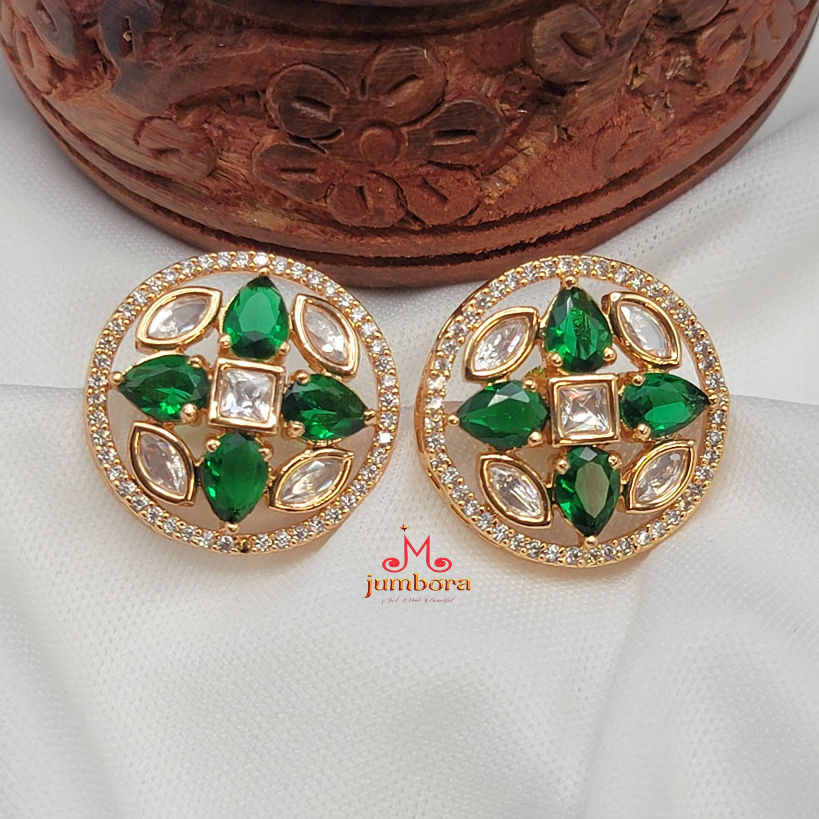 Dark Green Rosegold Kundan & AD Zircon Stone Stud Earring