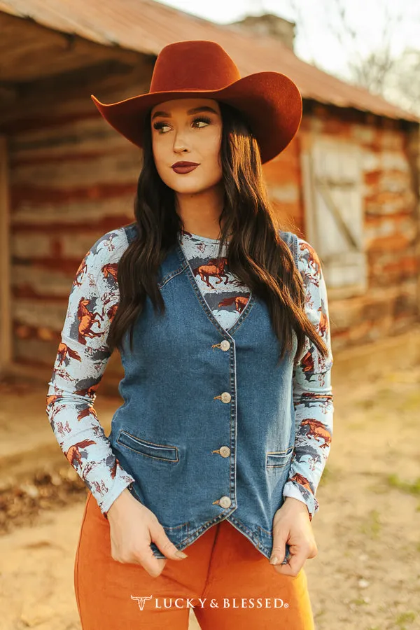 Dark Wash Button Down Western Yoke Vest Plus Size Bourbon Cowgirl