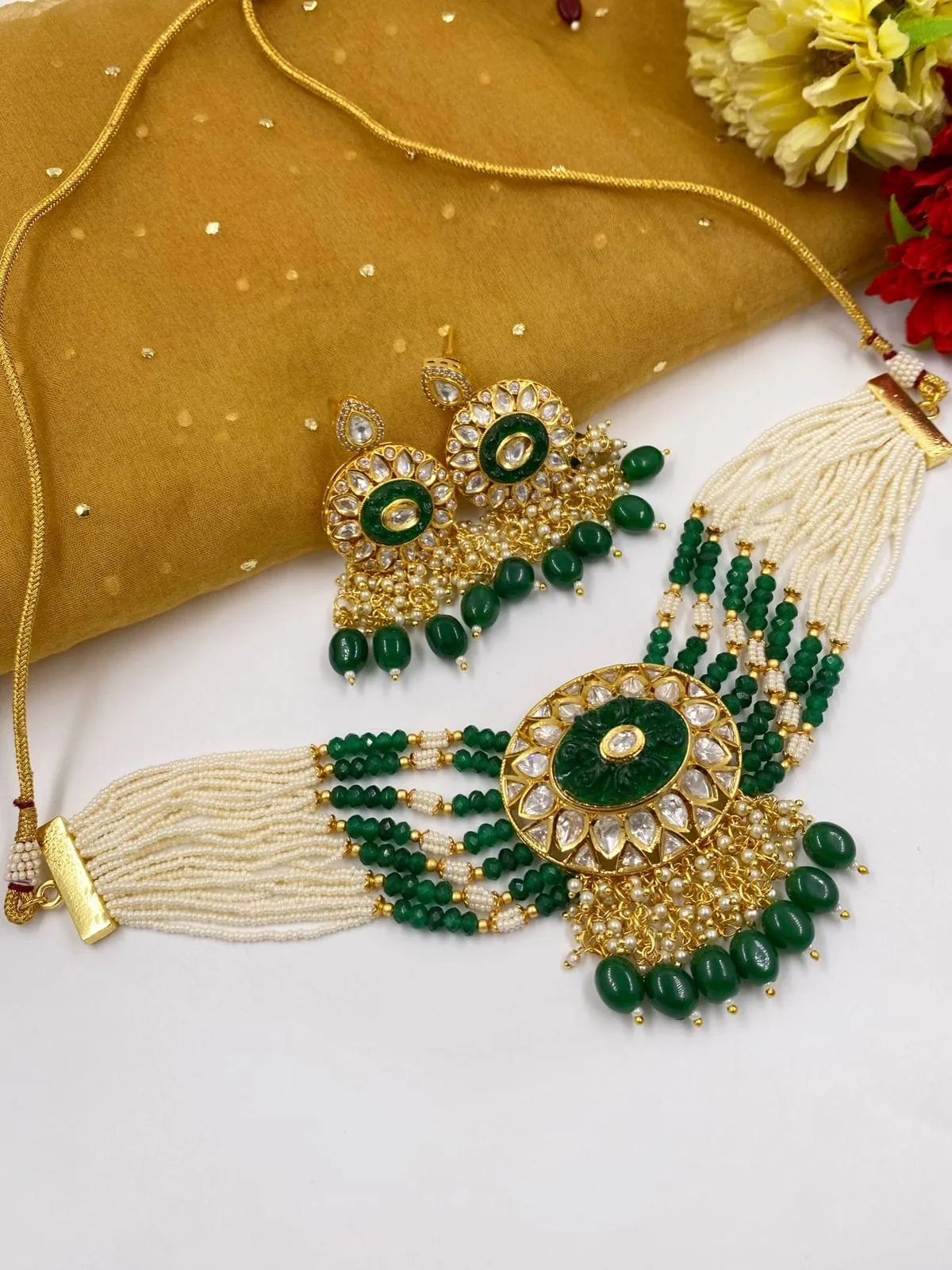 Designer Handcrafted Green Stone And Pearl Statement Choker Set For Women By Gehna Shop