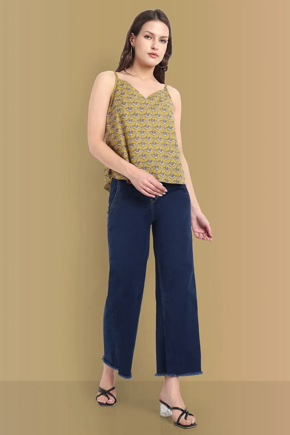 Eco-Chic Mustard Ajrak Noodle Strap Top