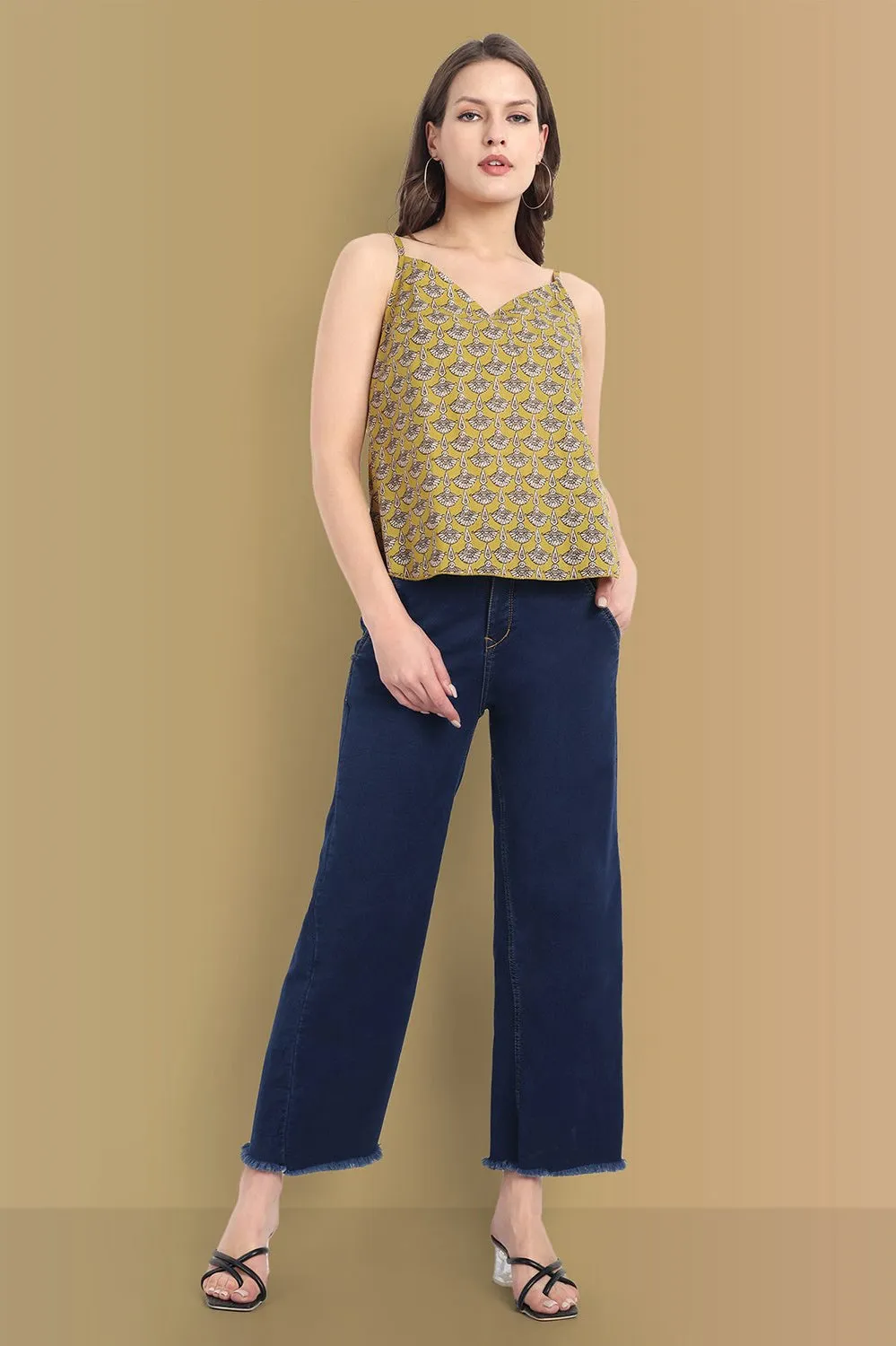 Eco-Chic Mustard Ajrak Noodle Strap Top