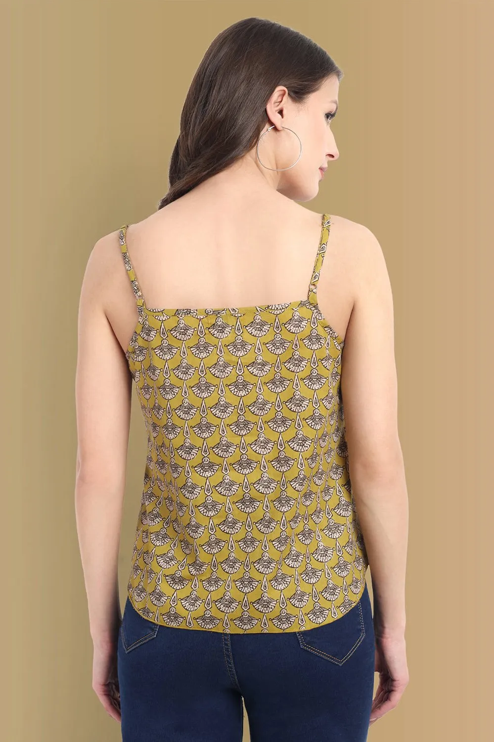 Eco-Chic Mustard Ajrak Noodle Strap Top