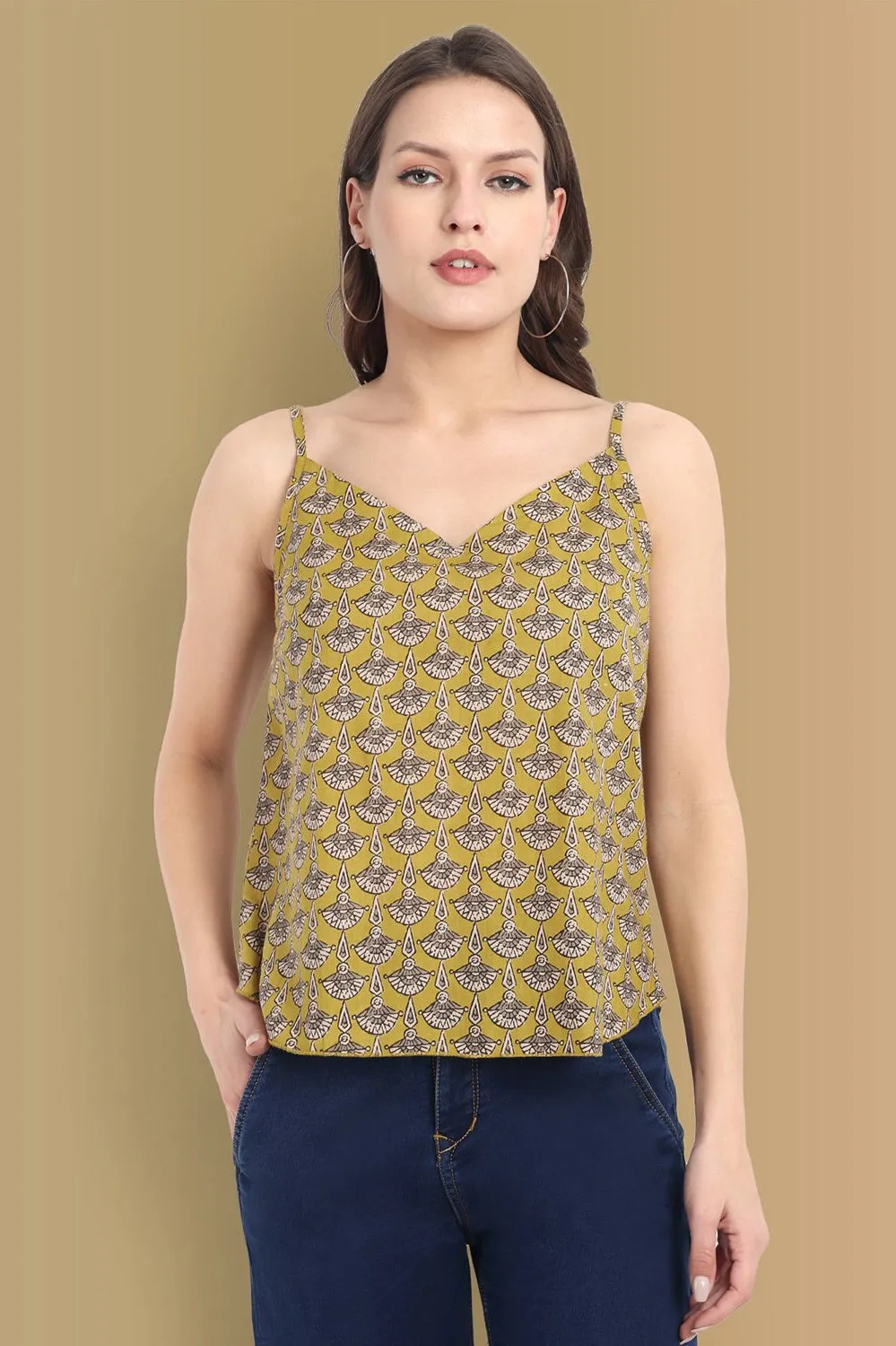 Eco-Chic Mustard Ajrak Noodle Strap Top