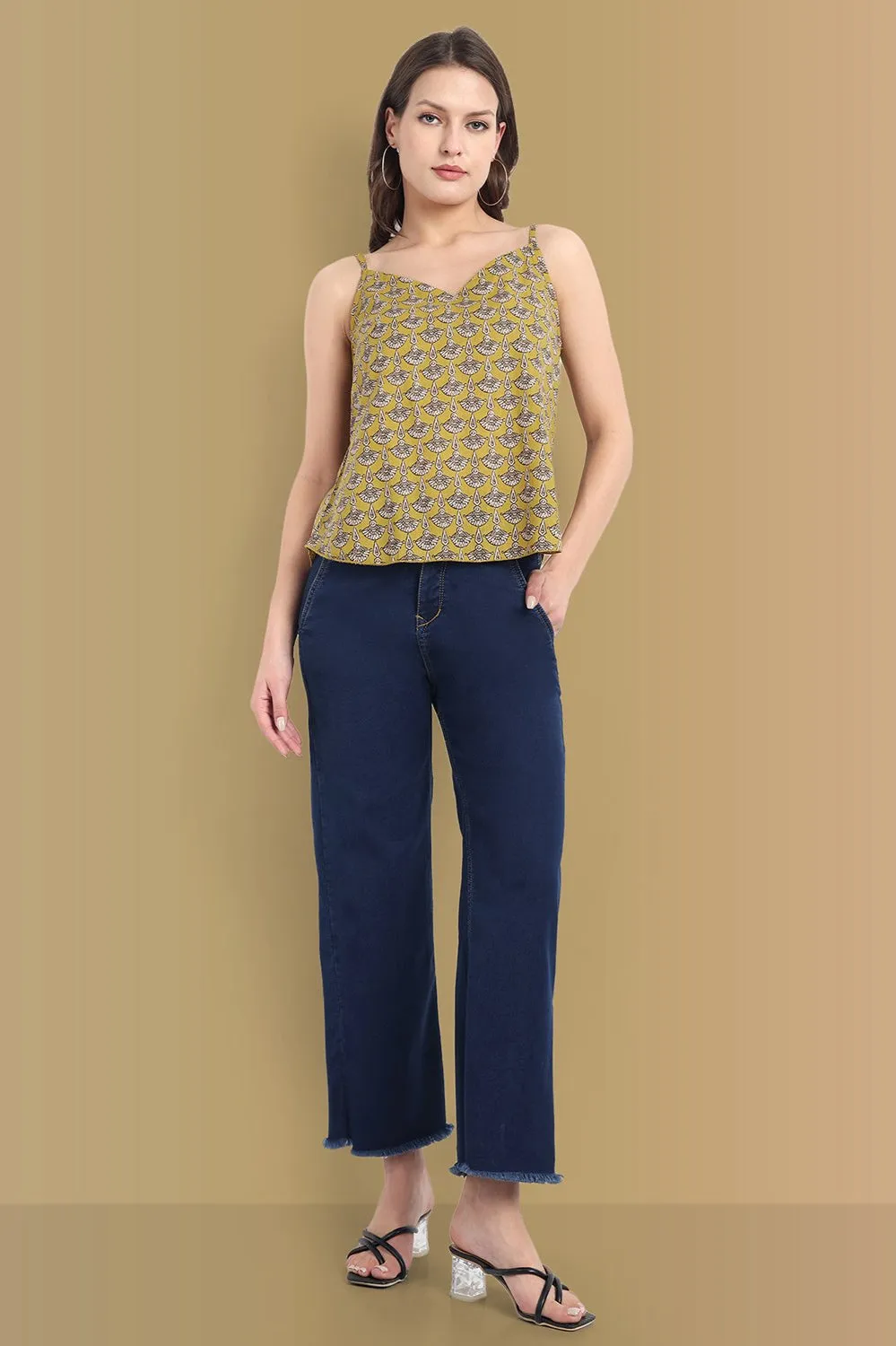 Eco-Chic Mustard Ajrak Noodle Strap Top