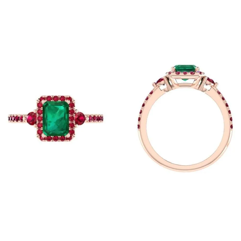 Emerald cut Emerald and Ruby Halo Ring