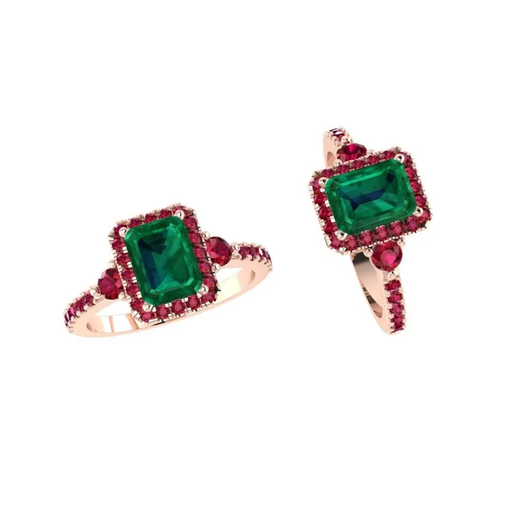 Emerald cut Emerald and Ruby Halo Ring