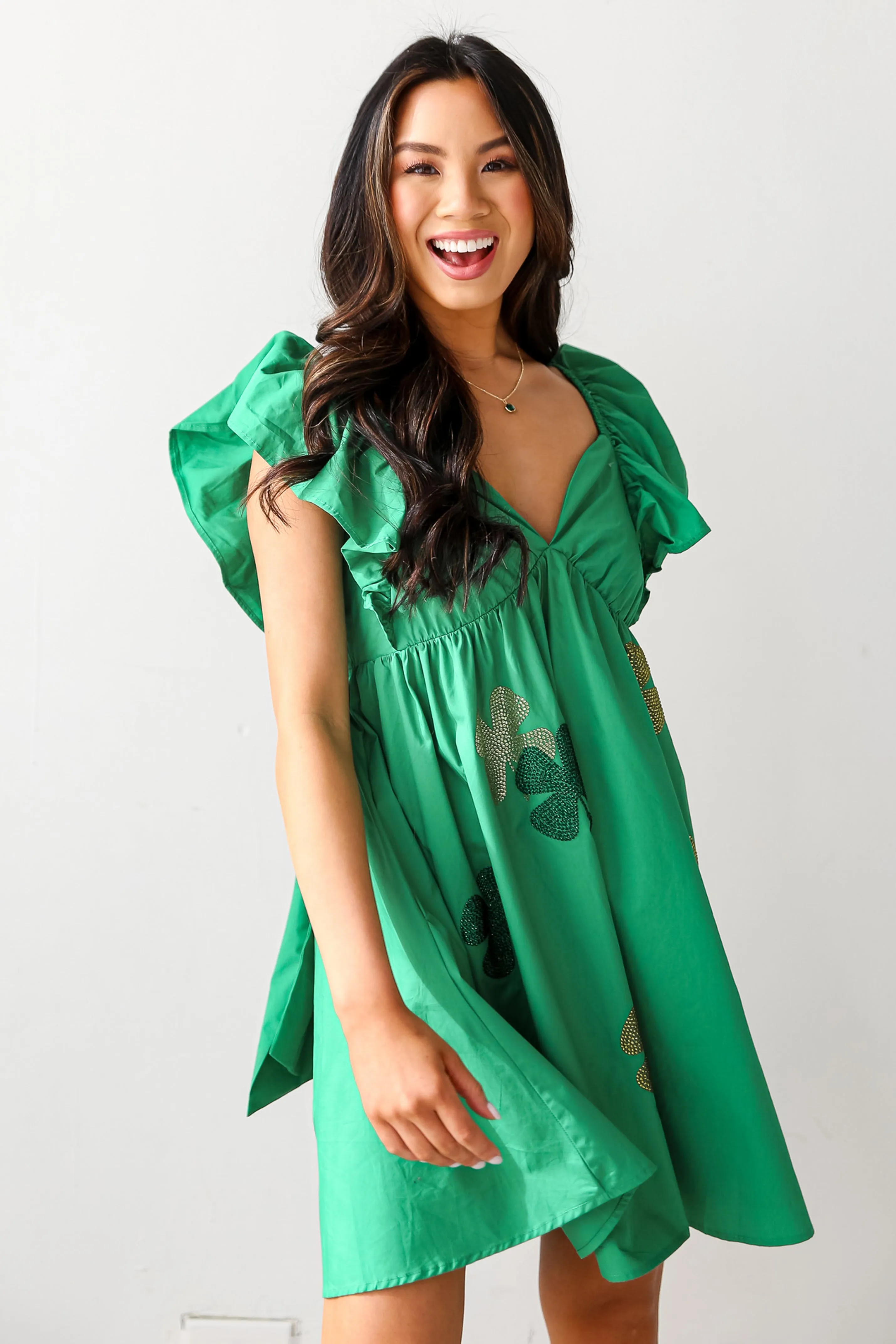 Feeling Lucky Green Rhinestone Four Leaf Clover Mini Dress