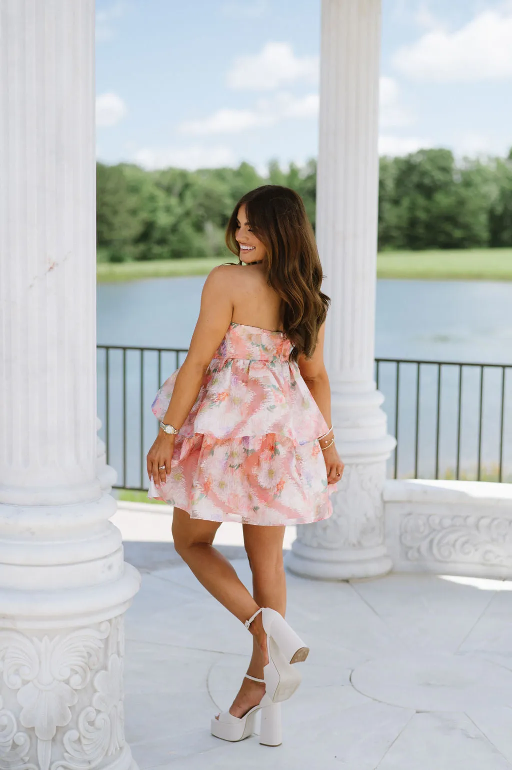 Frances Strapless Jacquard Dress-Peach