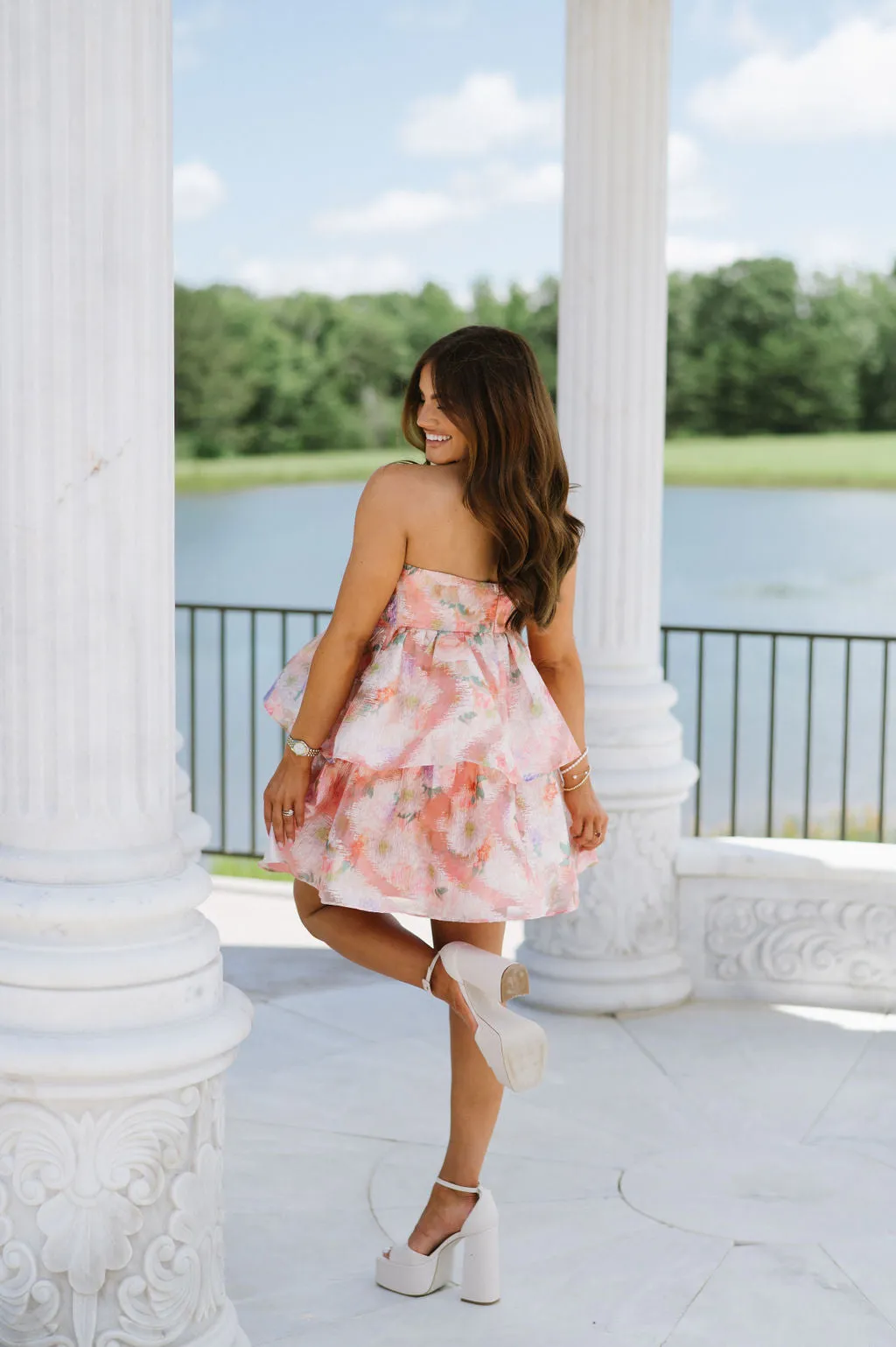 Frances Strapless Jacquard Dress-Peach