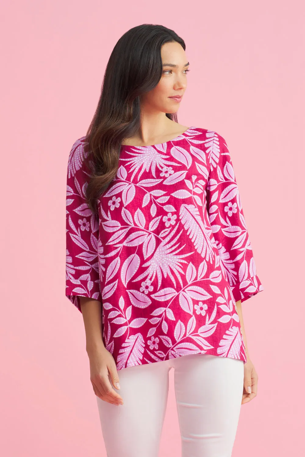 French Linen Button Detail Top - Holiday Print