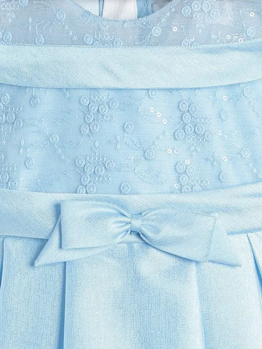 Girls Sky Blue Polyester Embroidered Dress