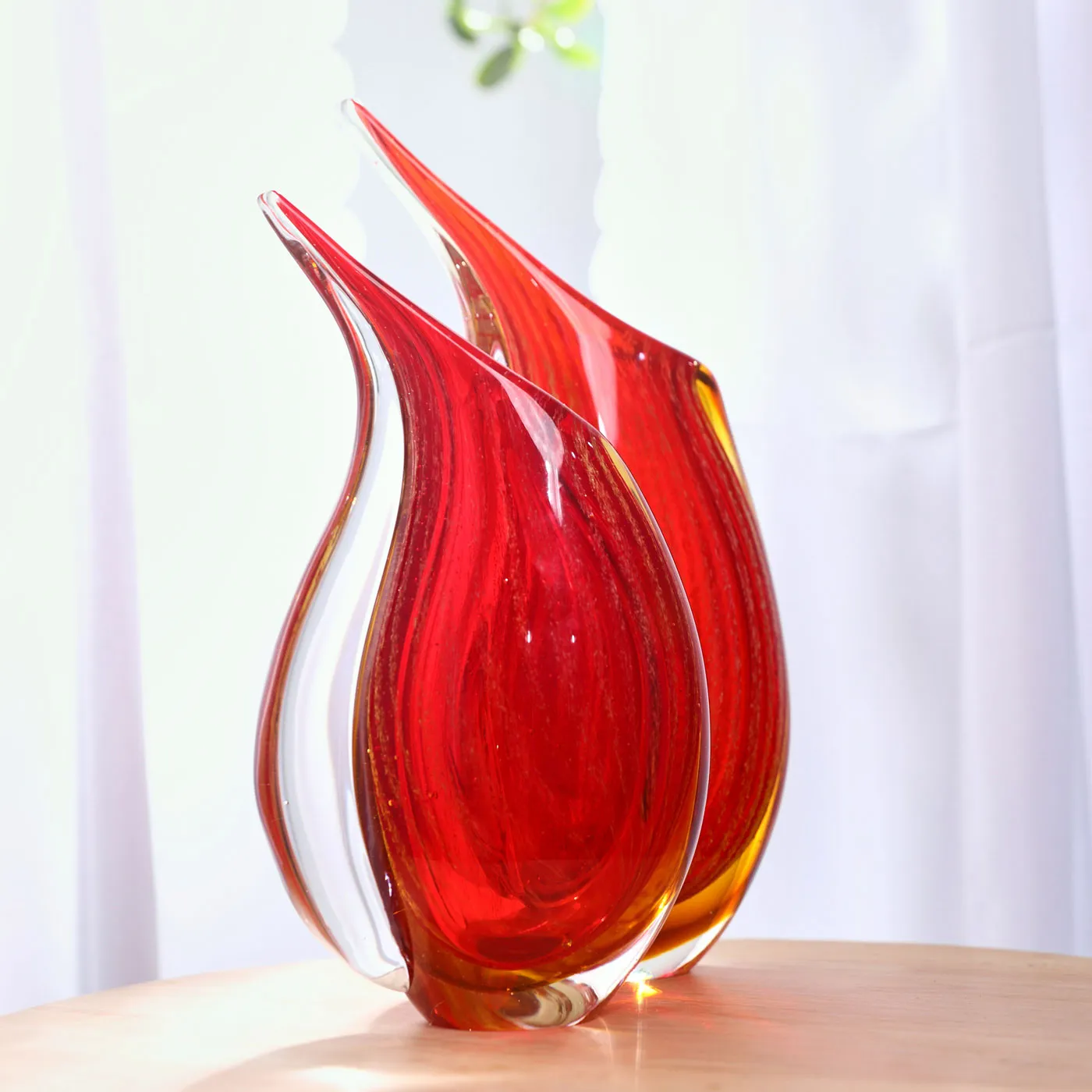 Hand Blown Red Teardrop Sommerso Art Glass Vase 9.5-12.5 inch tall