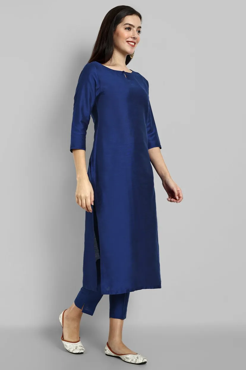 Ink Blue Cotton silk Boat Neck Kurta