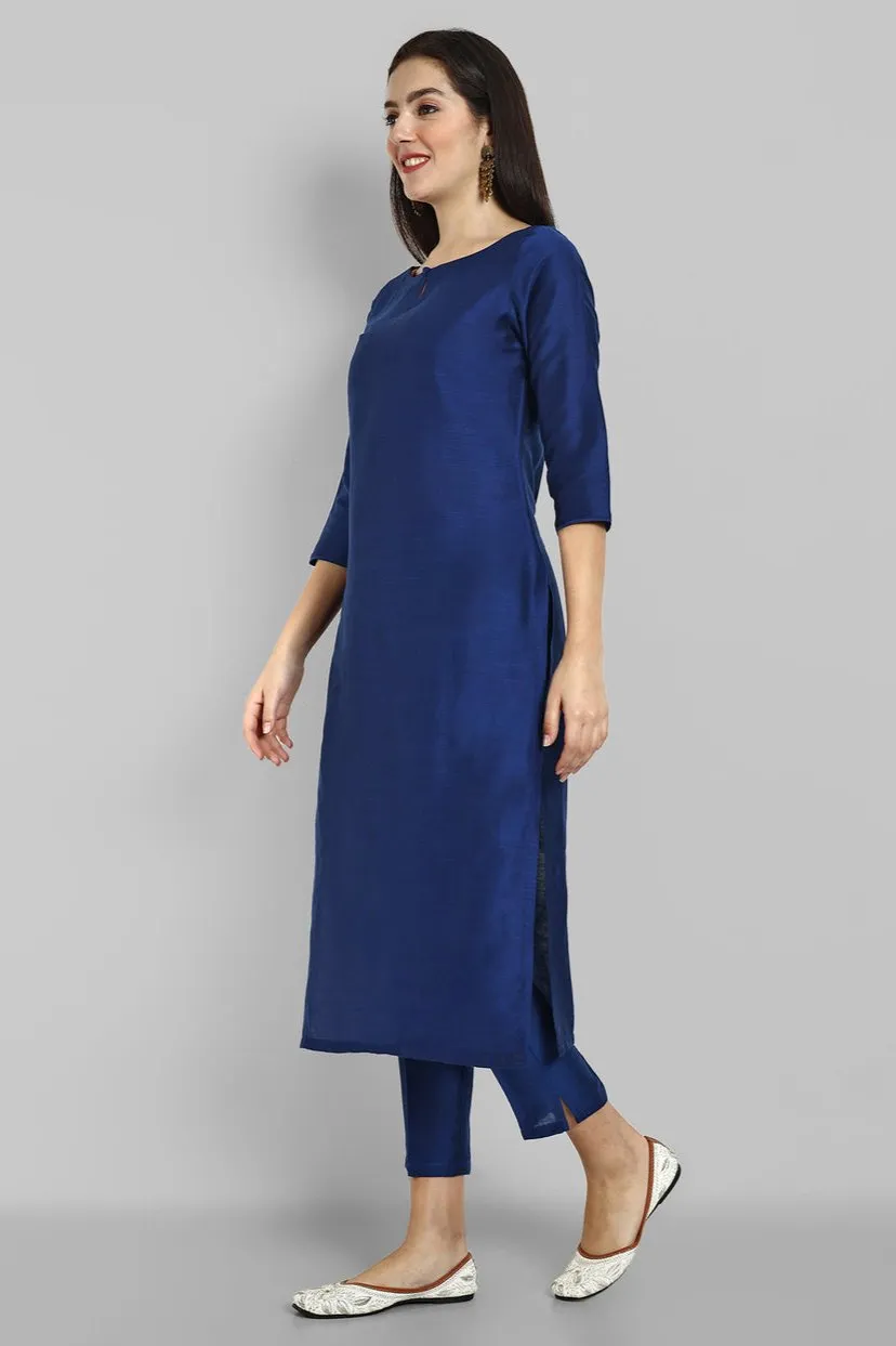 Ink Blue Cotton silk Boat Neck Kurta