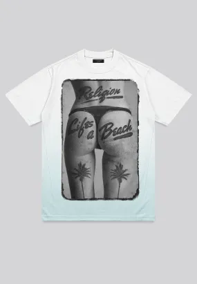 LIFES A BEACH WHITE & PALE BLUE T-SHIRT