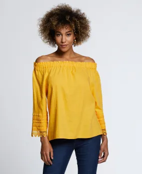 Linen Blend Peasant Top with Lace Sleeve